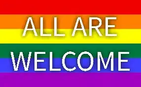 Rainbow flag graphic with the words All Are Welcome