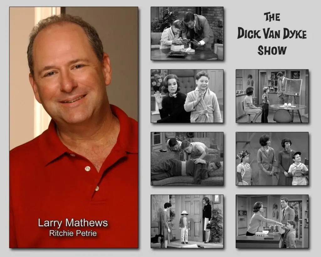 Photo collage of Larry Mathews today beside black and white stills of him as Richie Petrie on The Dick Van Dyke Show